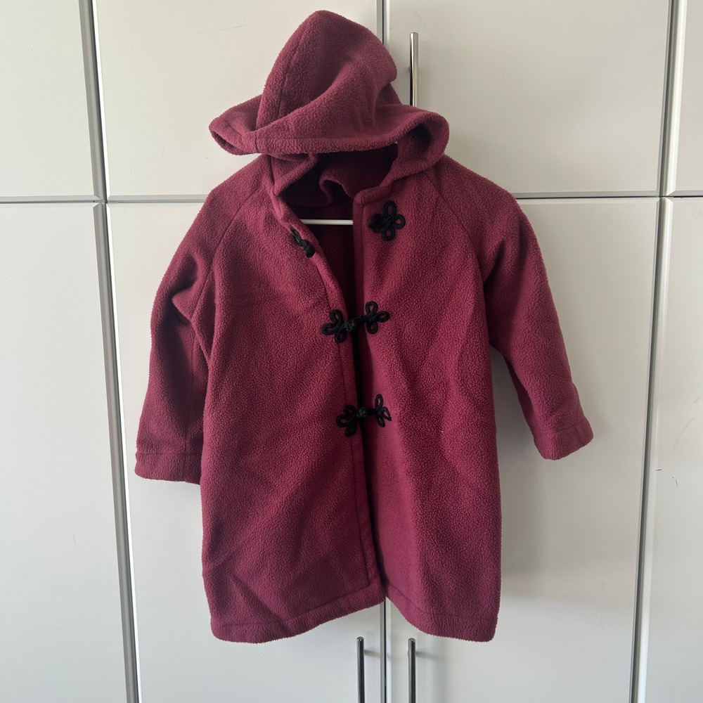 Burgundy Fleece Hooded Coat with Black Frog Toggle Closures Vintage Style